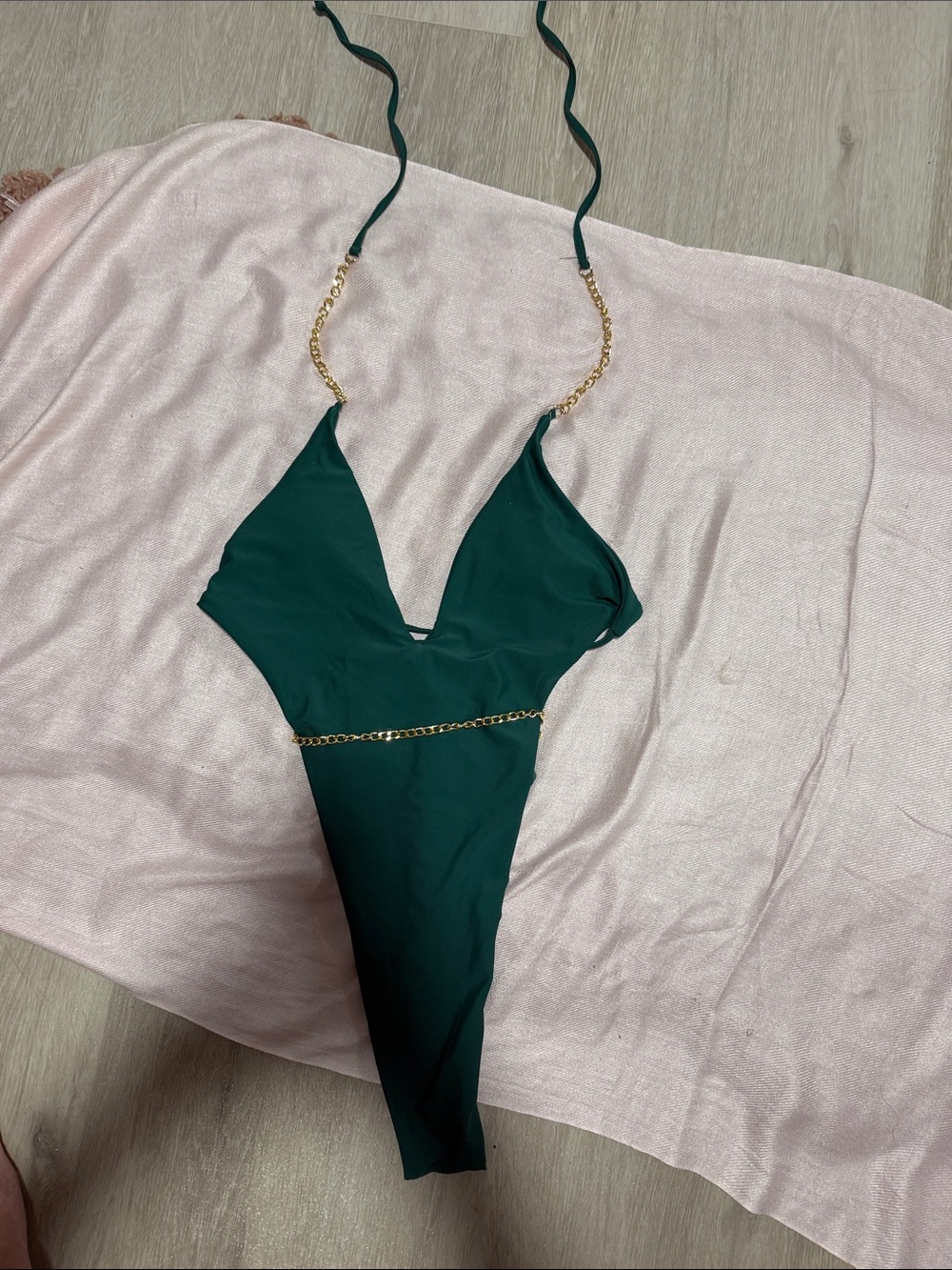 SHEIN Dark Green One-Piece Swimsuit with Gold Chain Trim - Medium